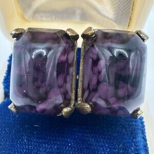 Gerard Yosca vintage bronze tone purple art glass cabochons clip on earrings